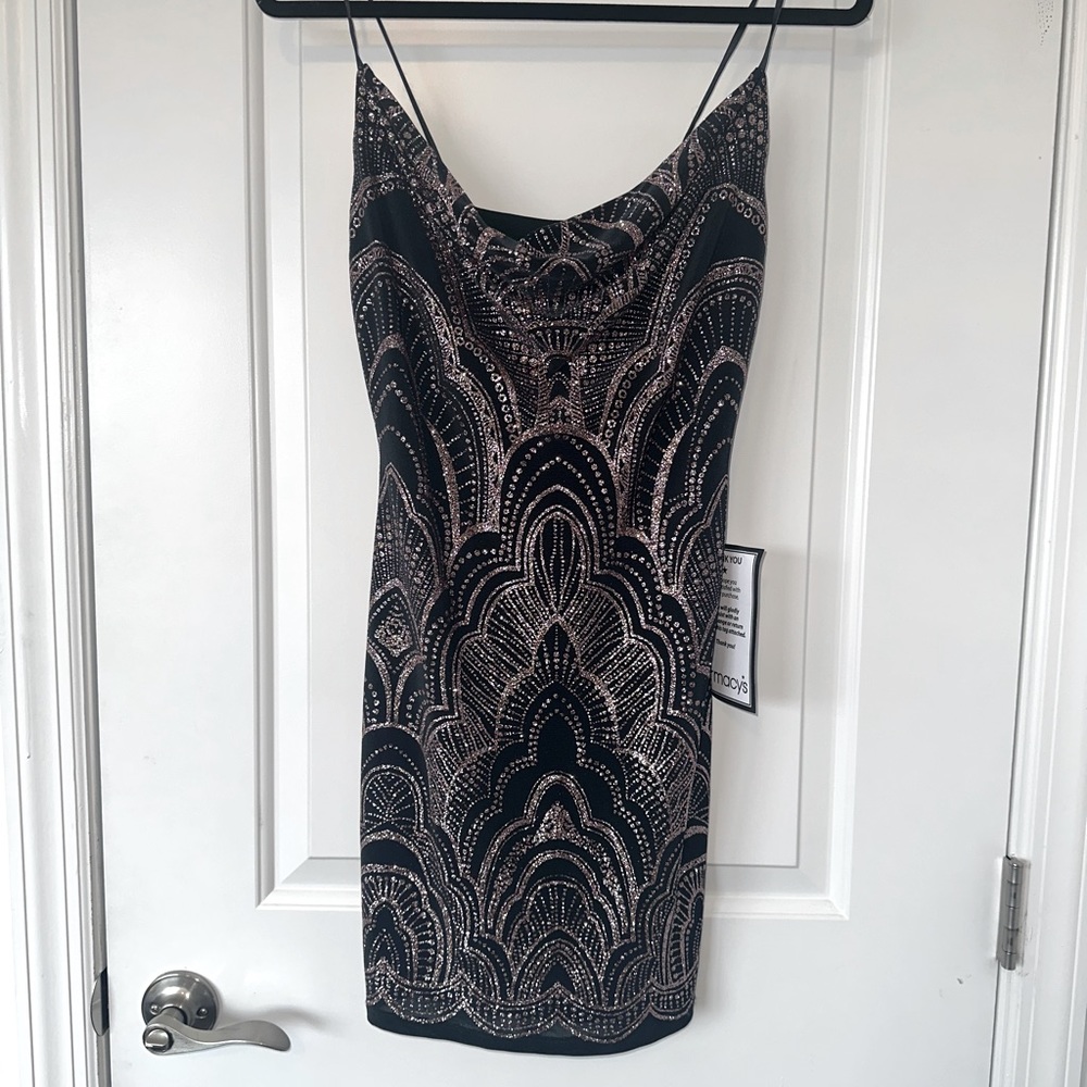 Glitter Medallion Bodycon Mini Dress, Dark Blue/Green & Rose Gold, Small
